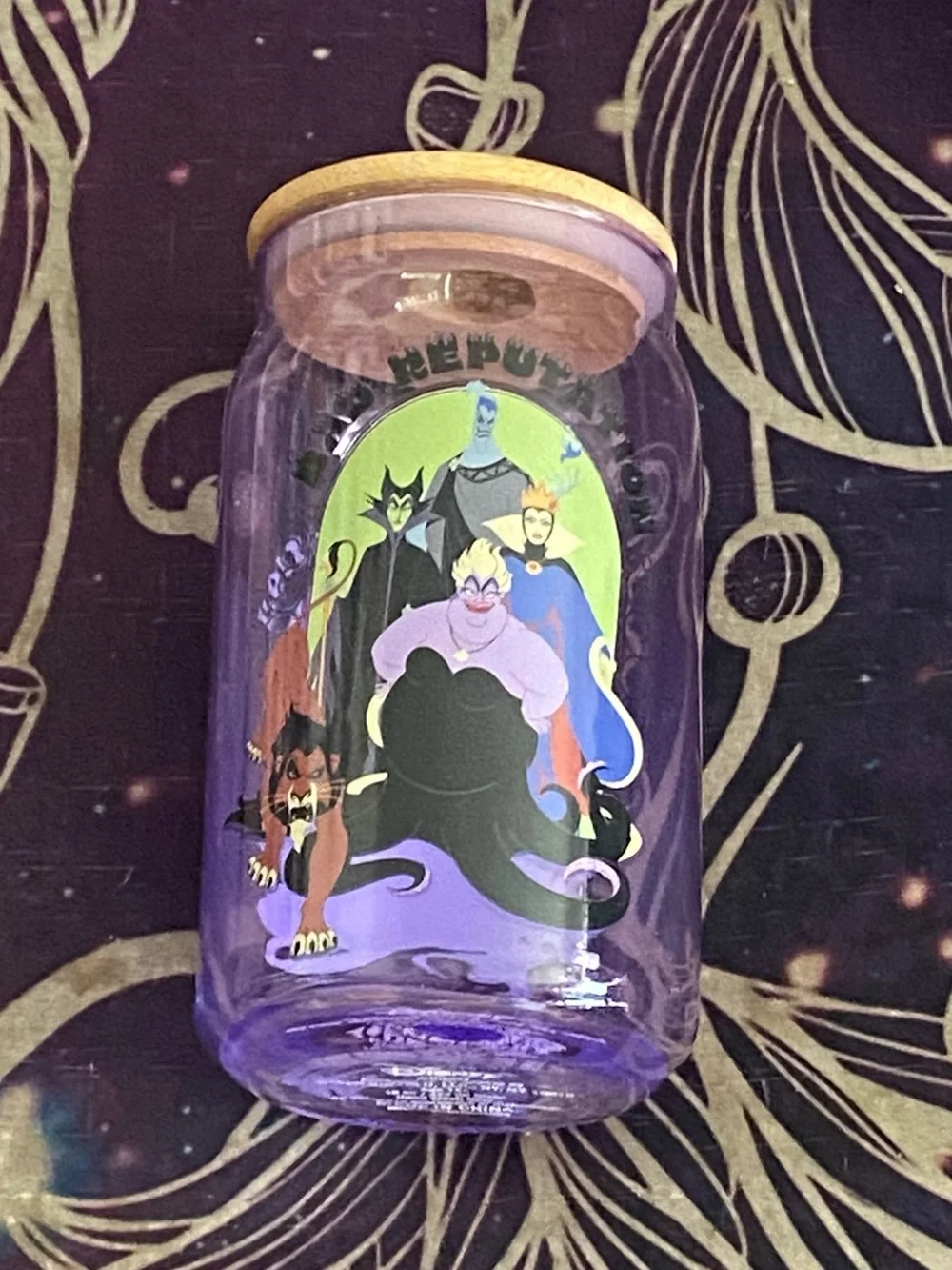 Disney Villains Glass Tumbler Cup With Wood Lid 16oz Bad Reputation 5.5”H